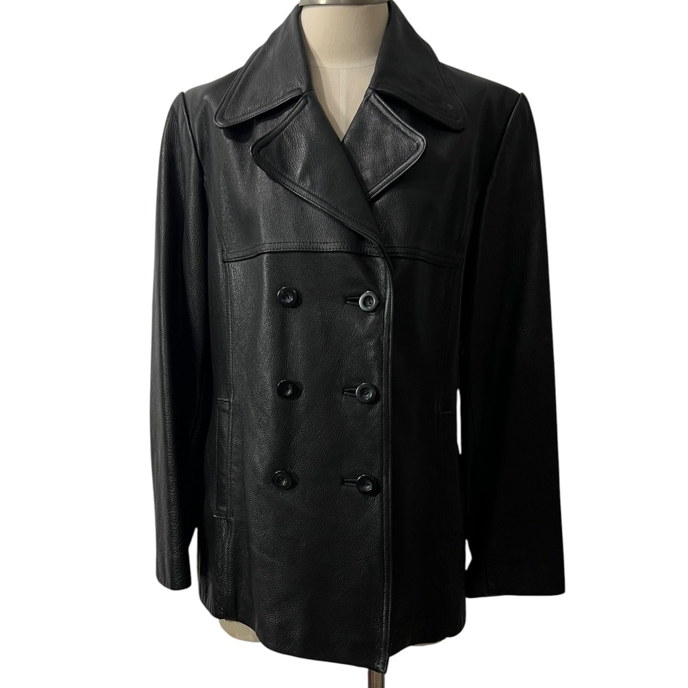 Vintage Jones New York Black Leather Peacoat Jacket Women's Large - Picture 7 of 13